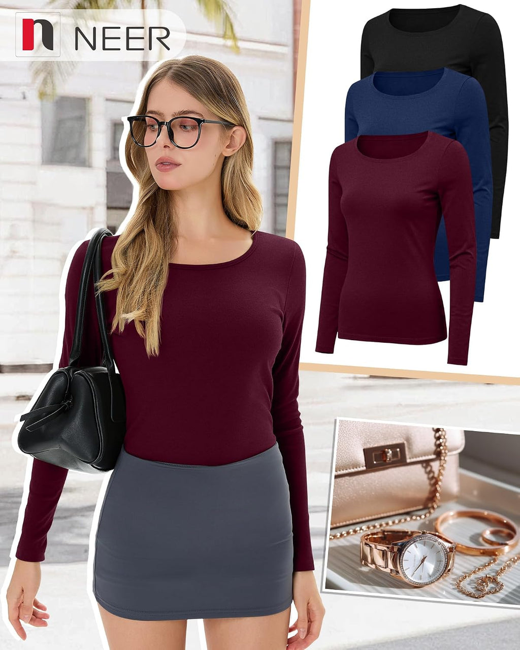 Neer 3 Pack Womens Thermal Shirts Crew Neck Fleece Lined Tops