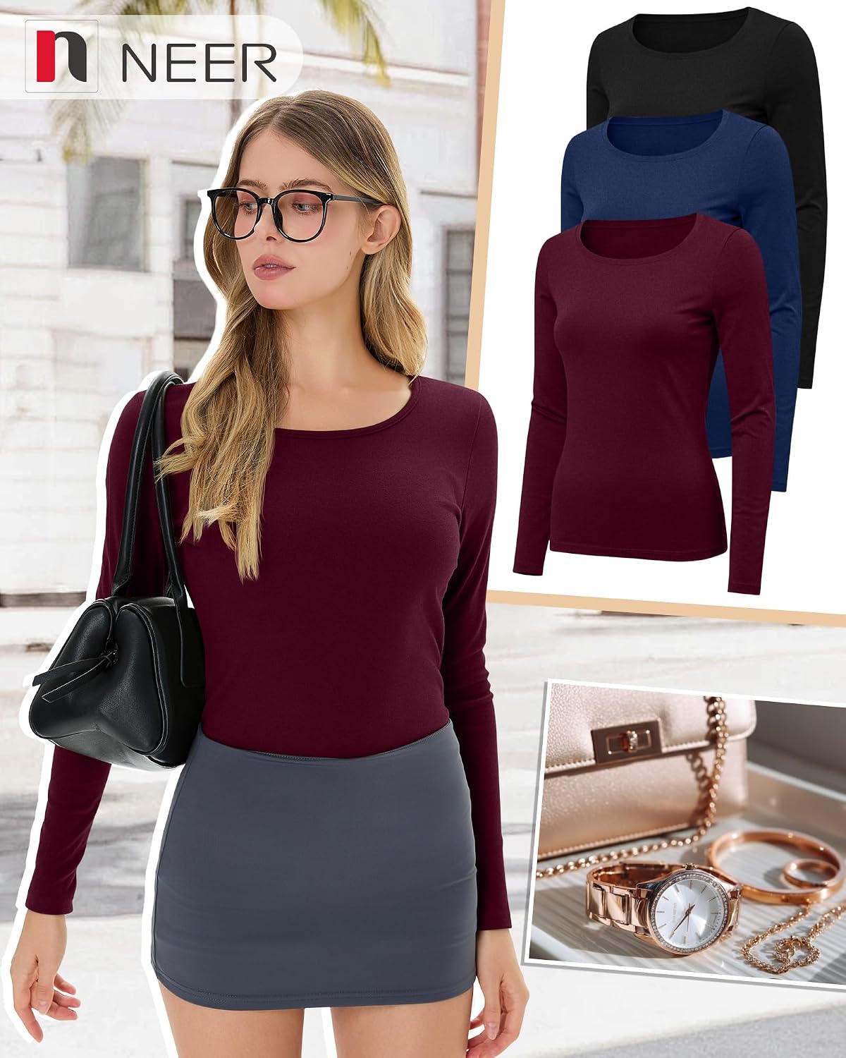 Neer 3 Pack Womens Thermal Shirts Crew Neck Fleece Lined Tops