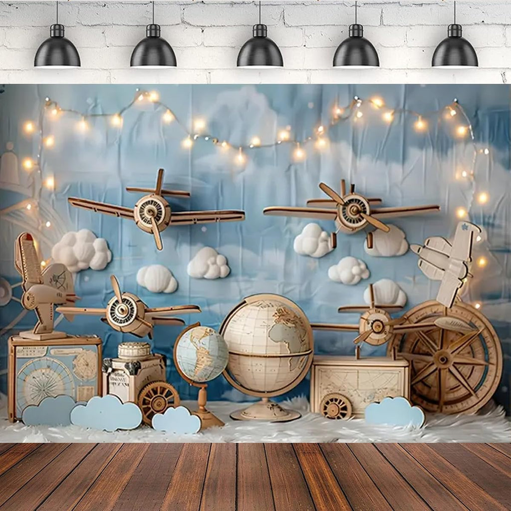 Vintage Airplane World Map Photography Backdrop Blue Sky Cloud Globe Compass Travel Adventure Background for Newborn Baby Boy Shower 1st Birthday Cake Smash Photo Studio Props (7X5FT)