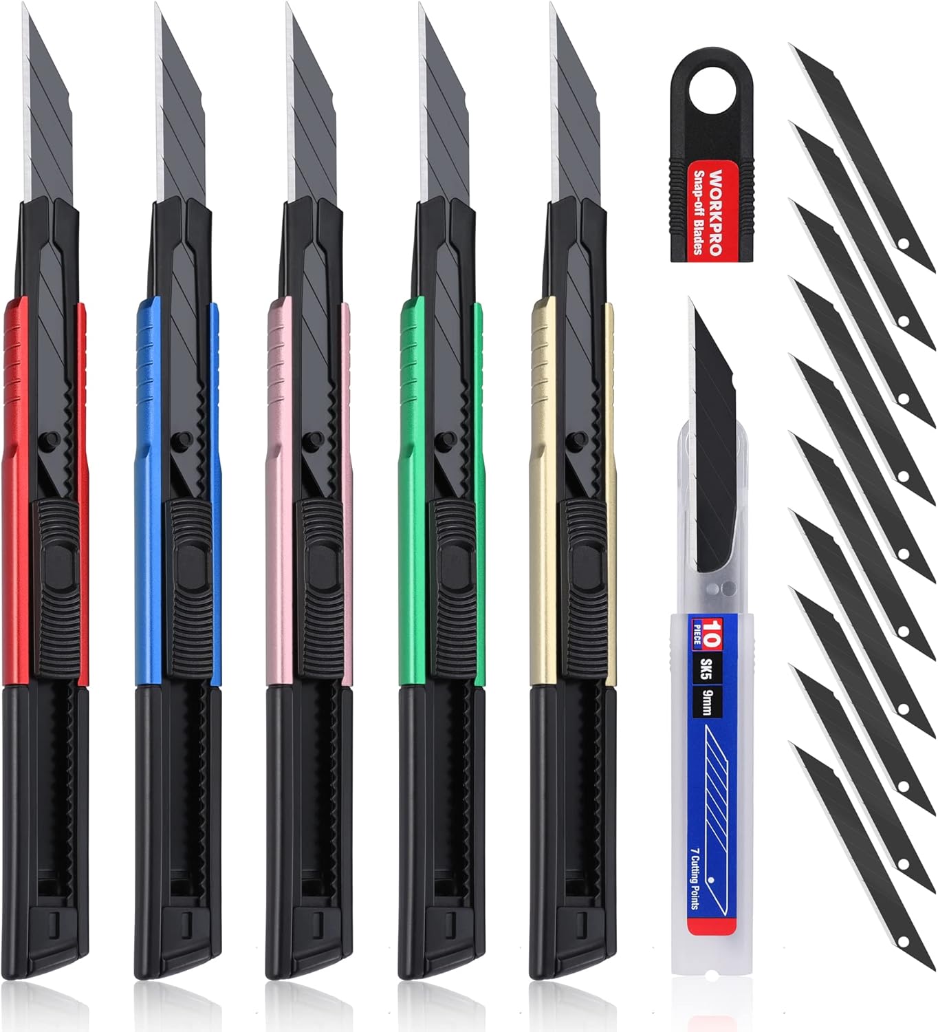 WORKPRO Premium Utility Knife Retractable Snap-off Blade, Heavy Duty Aluminum Box Cutter Set, Razor Knife Exacto Craft Knives, with 10 Extra 9mm Blades, Pack of 5