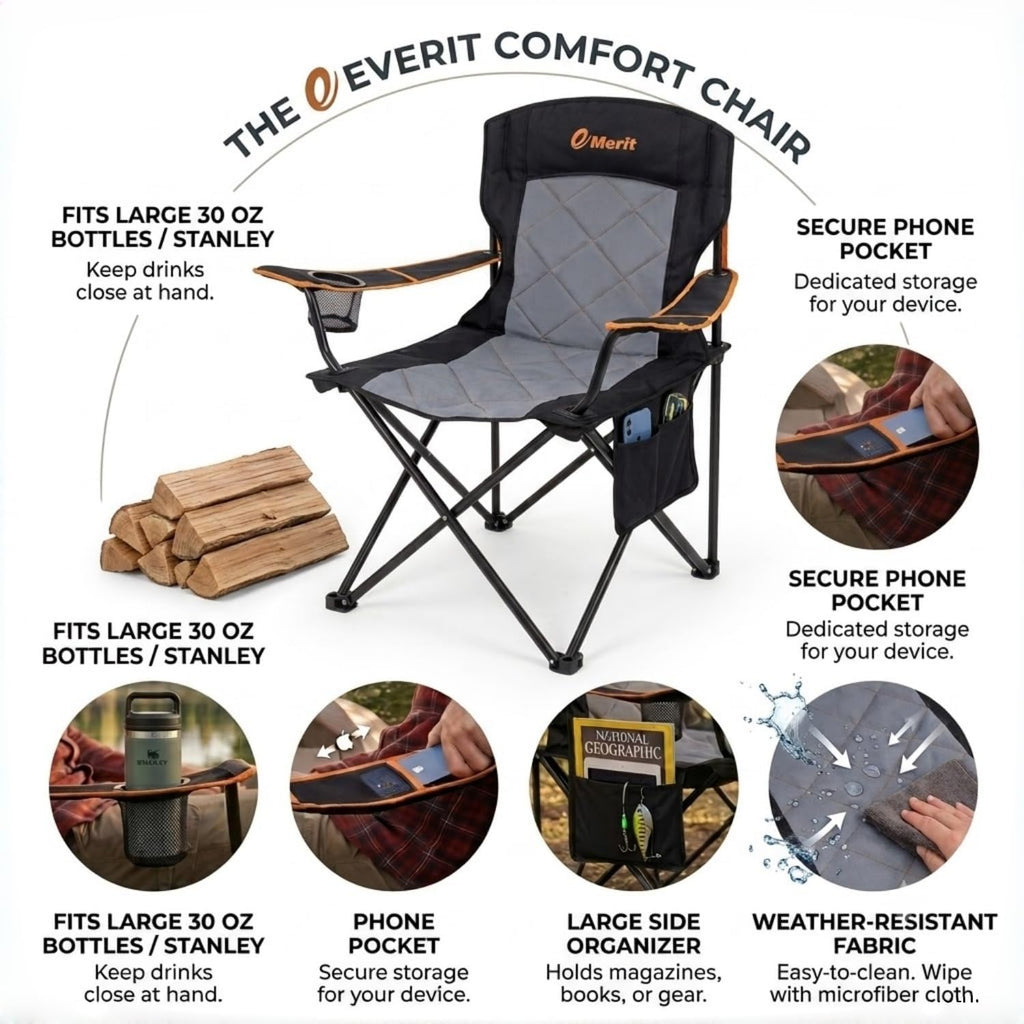 EMERIT 2-Pack Folding Camping Chair, Diamond-Quilted & Adjustable Armrest