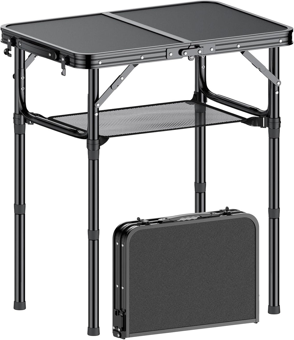 Folding Camping Table, 2 FT Folding Portable Camping Table, Outdoor&Indoor Picnic Table with 3 Adjustable Height Max 27.1",Lightweight Aluminum Camping Tables, Car Camping Essentials-Pure Black