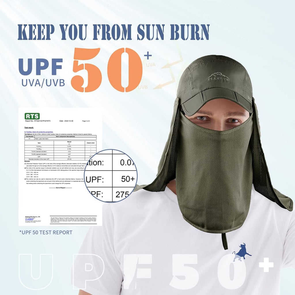 Outdoor Sun Hat for Men Women UPF 50+ Fishing UV Hat with Neck Flap Face Cover for Sun Protection