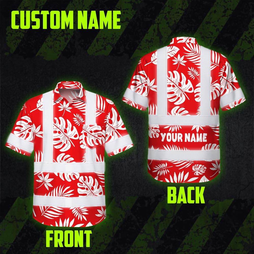 High Visibility Hawaiian Shirt for Men Tropical Shirts Custom Name Floral Outfit Reflective Safety Workwear