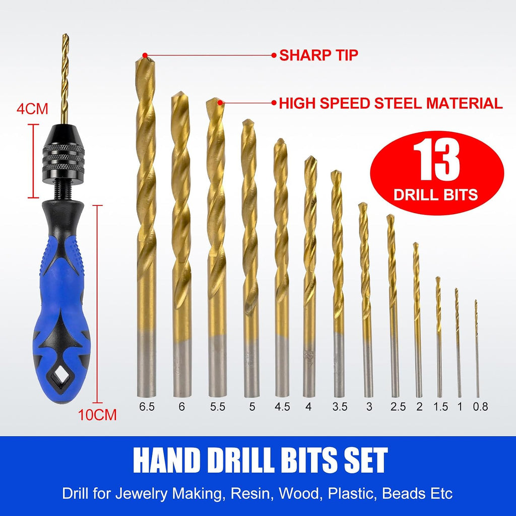 Hand Vise Hand Drill Manual Adjustable Pin Vise 0.8~6.5mm with 13 Pcs Drill Bits HSS Twist Drill Bits Set(0.8mm-6.5mm) for Wood, Jewelry, Plastic, Beads Etc