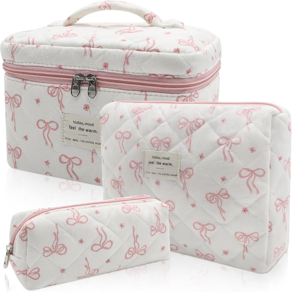 Gosect Large Makeup Bag Set, Quilted Makeup Bag, Floral Cosmetic Bag for Women, Cute Cotton Makeup Bags, Flower Travel Toiletry Organizer Bag (white)