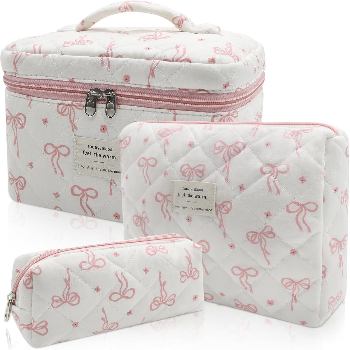 Gosect Large Makeup Bag Set, Quilted Makeup Bag, Floral Cosmetic Bag for Women, Cute Cotton Makeup Bags, Flower Travel Toiletry Organizer Bag (white)