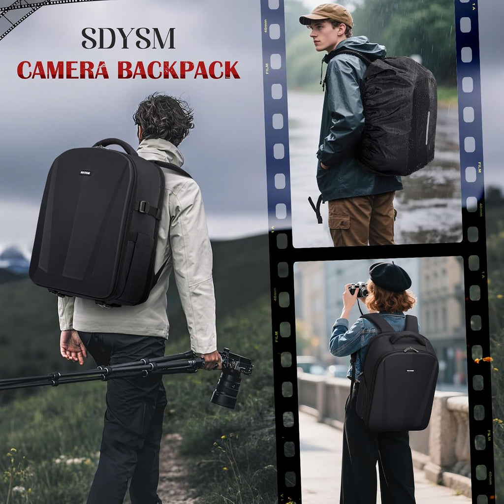 SDYSM Camera Backpack, Hardshell DSLR/SLR Camera Bag with Lens Pouch & 15.6" Laptop Compartment Waterproof Camera Case with Rain Cover Photography Backpack Compatible for Canon/Nikon/Sony/Drone Black