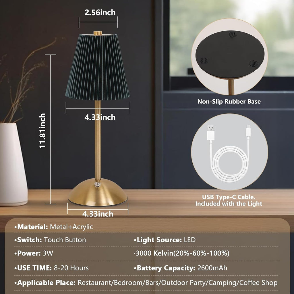 Cordless LED Table Lamp with Dimmer, Built-in Rechargeable Battery, 3-Level Brightness, Patio Table Lamp, Bedside Night Lamp, Ambient Light for Restaurant, Antique Brass (Black)