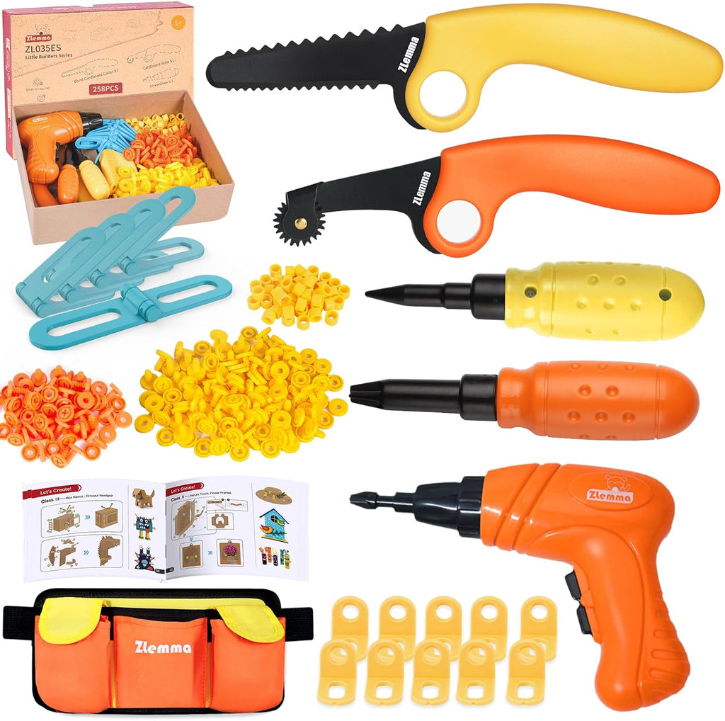Kids Cardboard Construction Tool Set with Electric Drill & Tool Belt -258PCS, STEM Building Kit for Creative Craft Projects, Educational DIY Engineering Toy for Boys & Girls