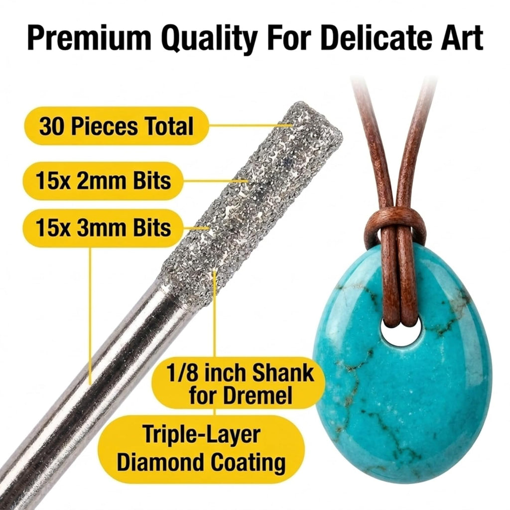 Drilax 30-Pc Diamond Drill Bit Set, 15x 2mm & 15x 3mm, 1/8 Inch Shank Dremel Compatible for Glass, Sea Glass, Gemstones, Ceramic & Lapidary Jewelry Making
