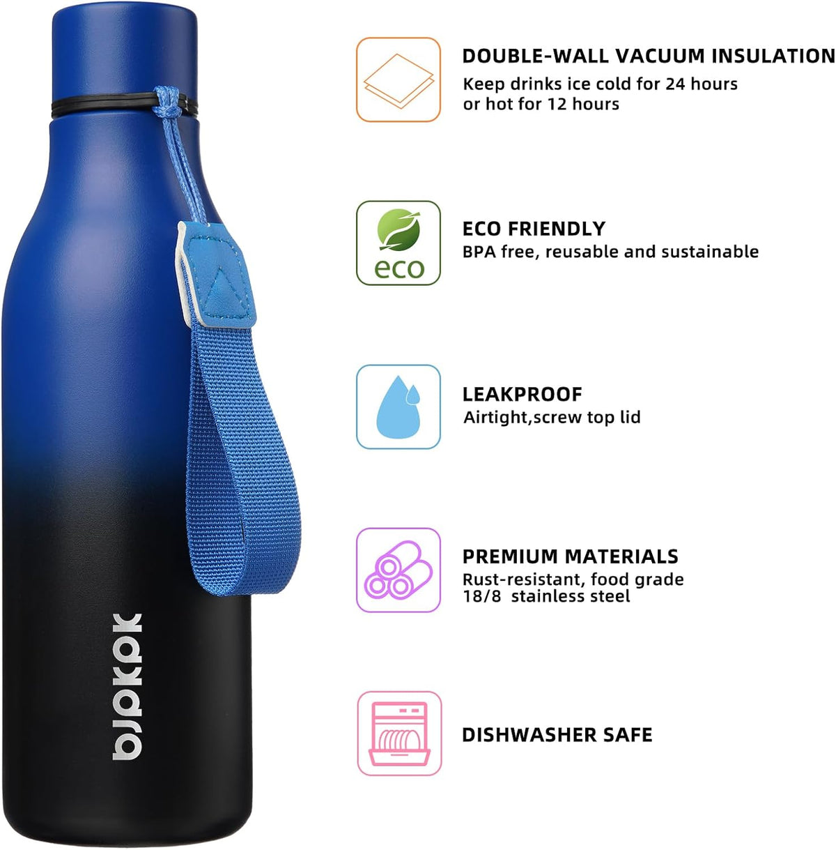 BJPKPK 18oz Insulated Water Bottle, Stainless Steel Bottle with Carry Strap