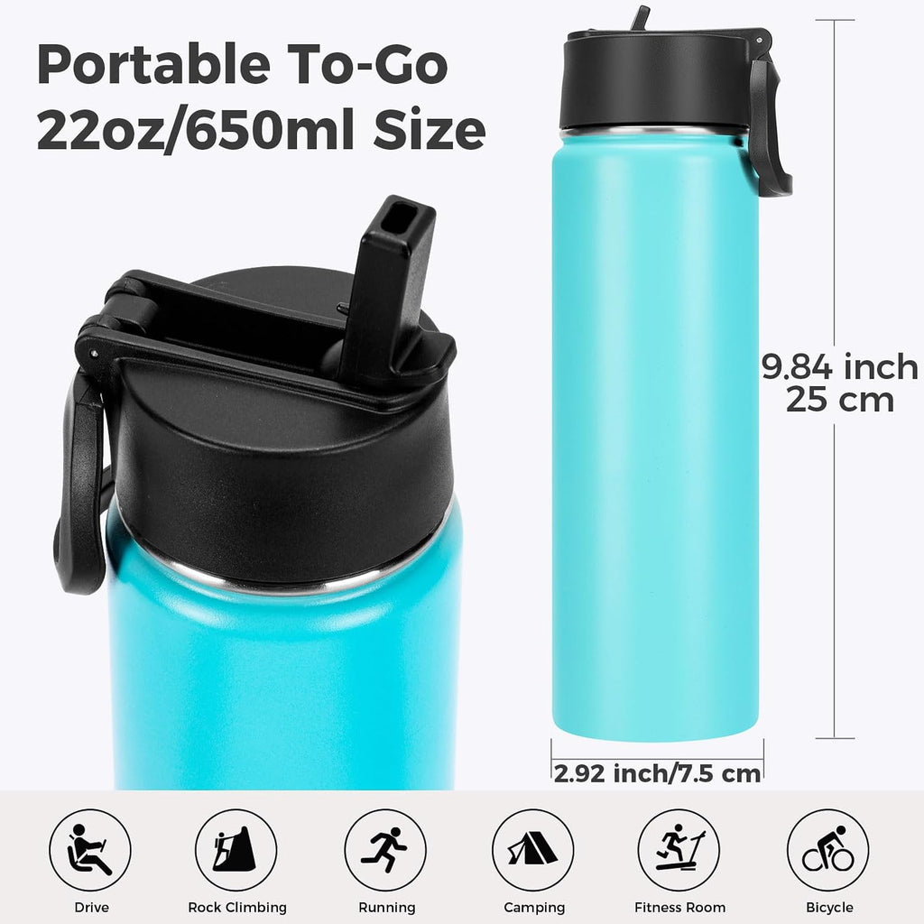 Neihepal 22 oz Insulated Water Bottles with Leak Proof Straw Lid, Wide Mouth Double Walled Vacuum Stainless Steel Metal Water Bottle (Mint,2 Pack)