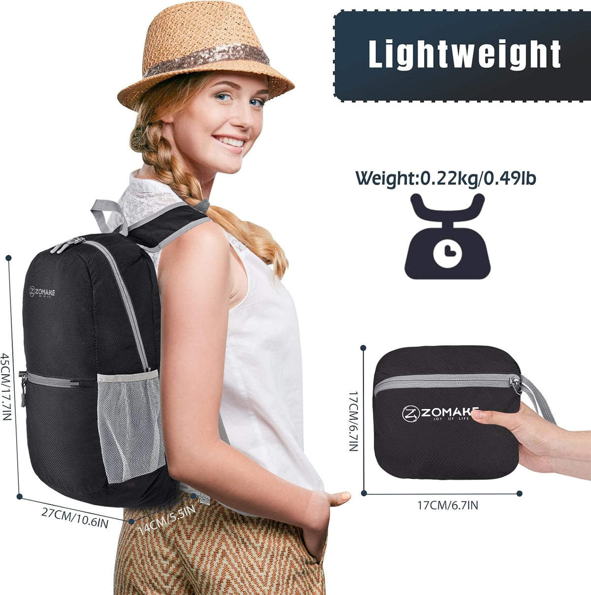 ZOMAKE Lightweight Packable Backpack, Foldable Small Travel Day Pack