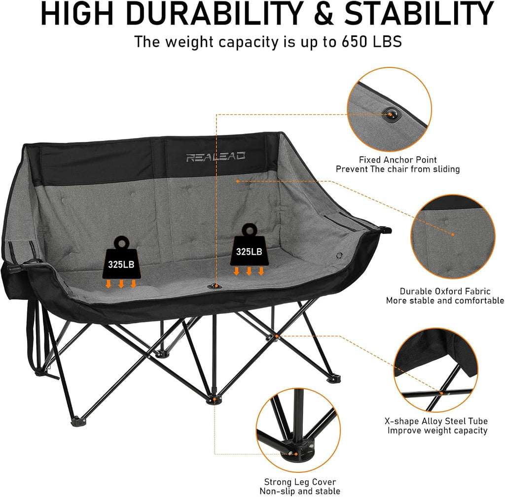 REALEAD Double Camping Chair Heavy Duty Camping Couch Support 650 lbs