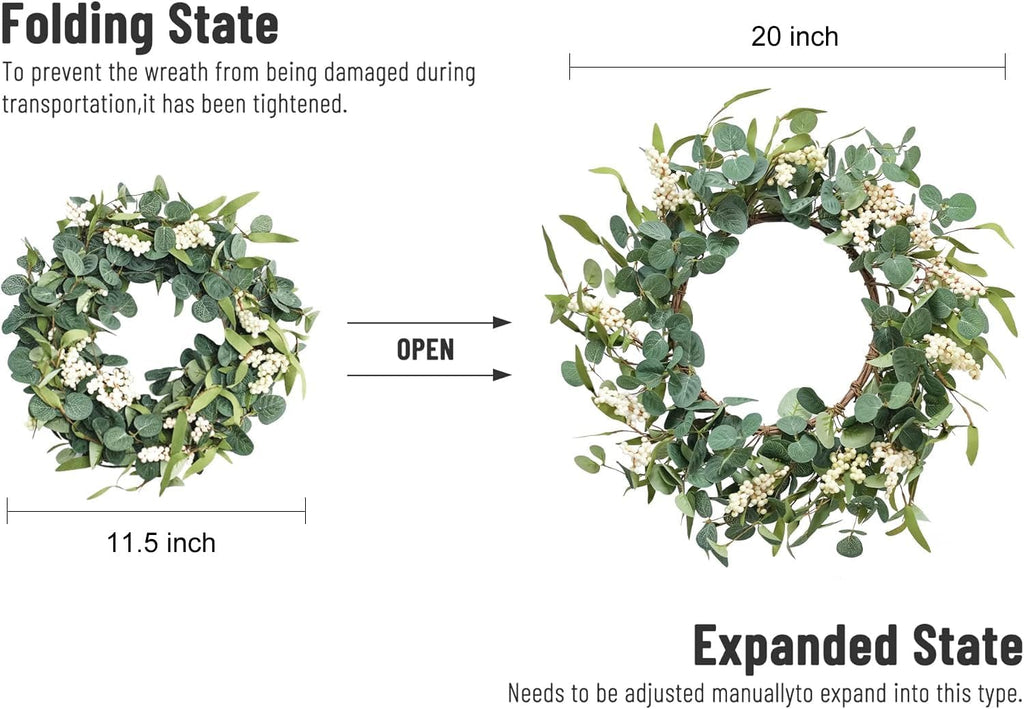 Pinkpum 20'' Eucalyptus Wreath for Front Door Porch Decor, Spring Summer