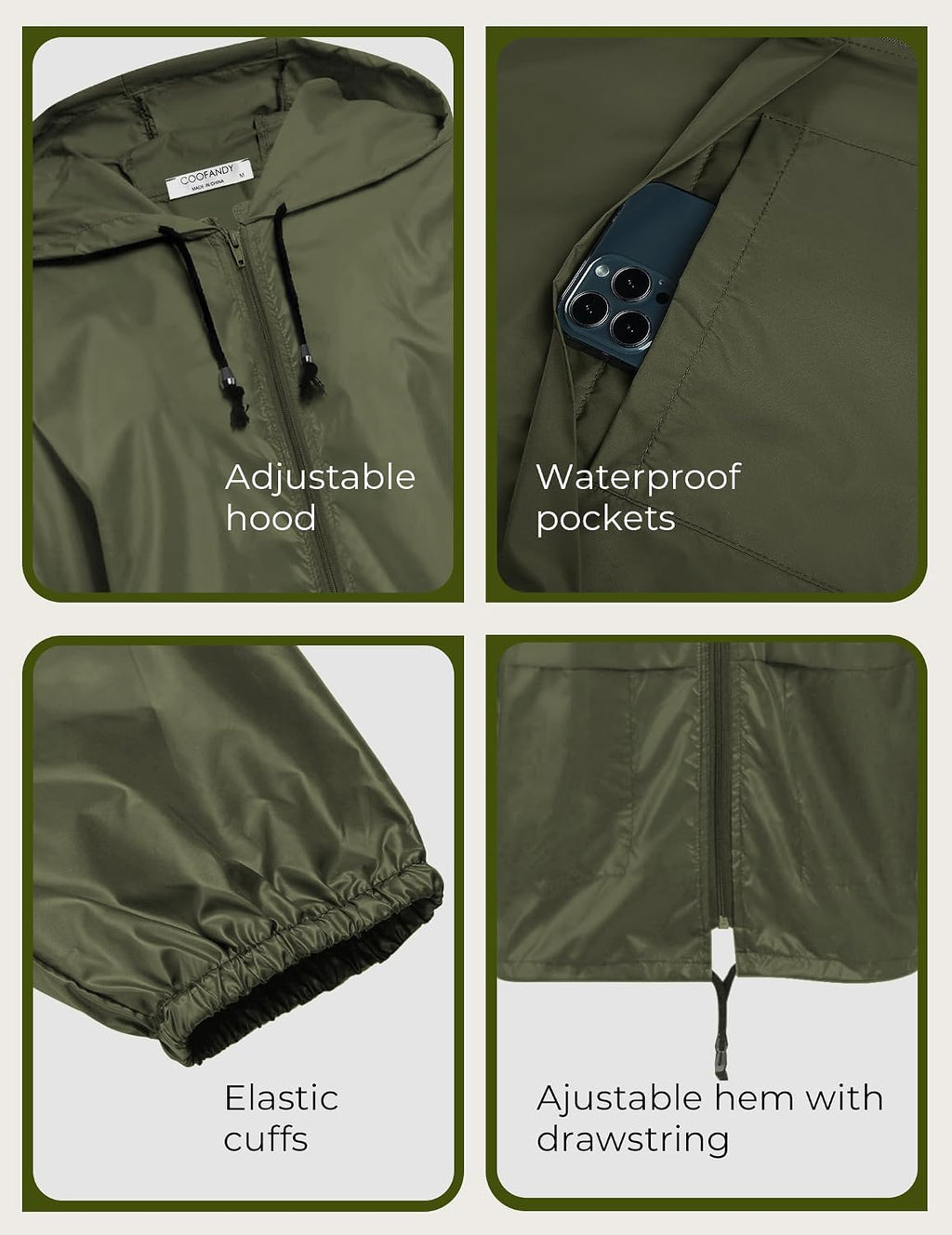 COOFANDY Mens Packable Rain Jacket Lightweight Waterproof Raincoat with Hood Outdoor Rain Gear Travel Hiking Cycling