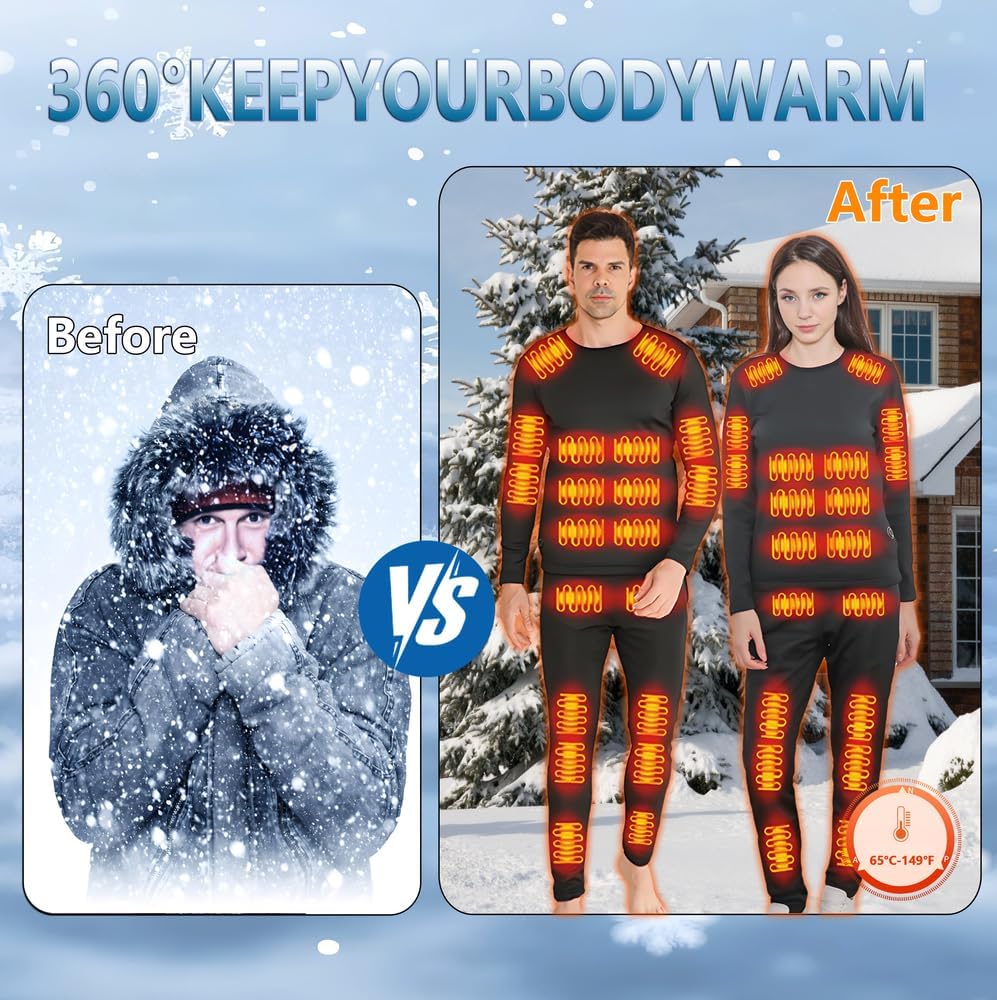 Heated Thermal Underwear for Men Women USB Charge 42 Zone Intelligent Heated Long Johns for Men Women & XS-4XL