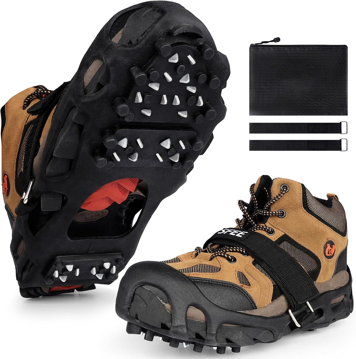 Sfee Crampons Ice Cleats for Shoes and Boots, 28 Steel Shoe Spikes Ultra-Grip Ice Cleats for Men Women Non-Slip Snow Traction Ice Grippers for Shoes and Boots for Walking, Hiking, Climbing, Fishing