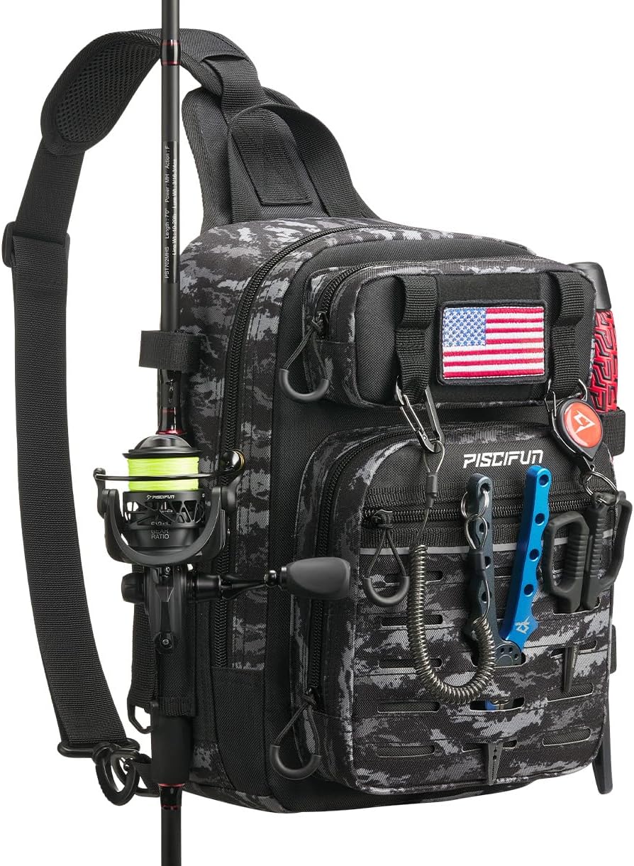 Piscifun Fishing Backpack Tackle Bag with 2 Rod Holders, Multi-Compartment Storage, MOLLE System, Water-Resistant Lightweight Outdoor Pack,Double Shoulder Khaki Large