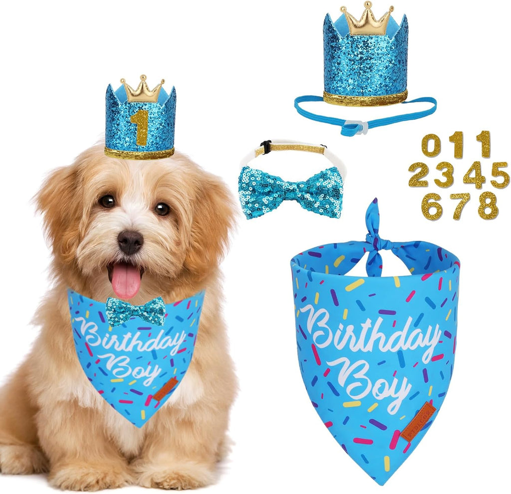 PTDECOR Dog Birthday Hat, Blue Boy Dog Birthday Bandana Set, Small