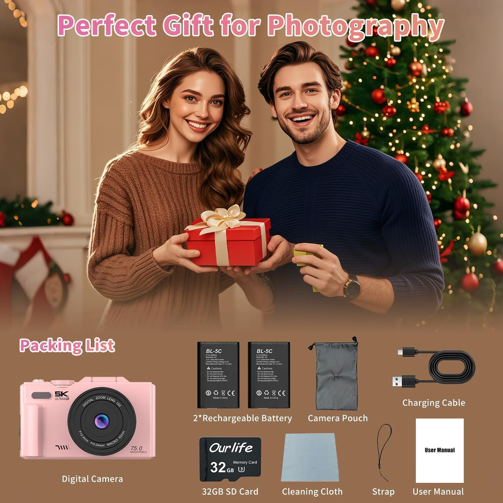 Ourlife 5K Digital Camera for Photography with Flip Screen,Pink Camera
