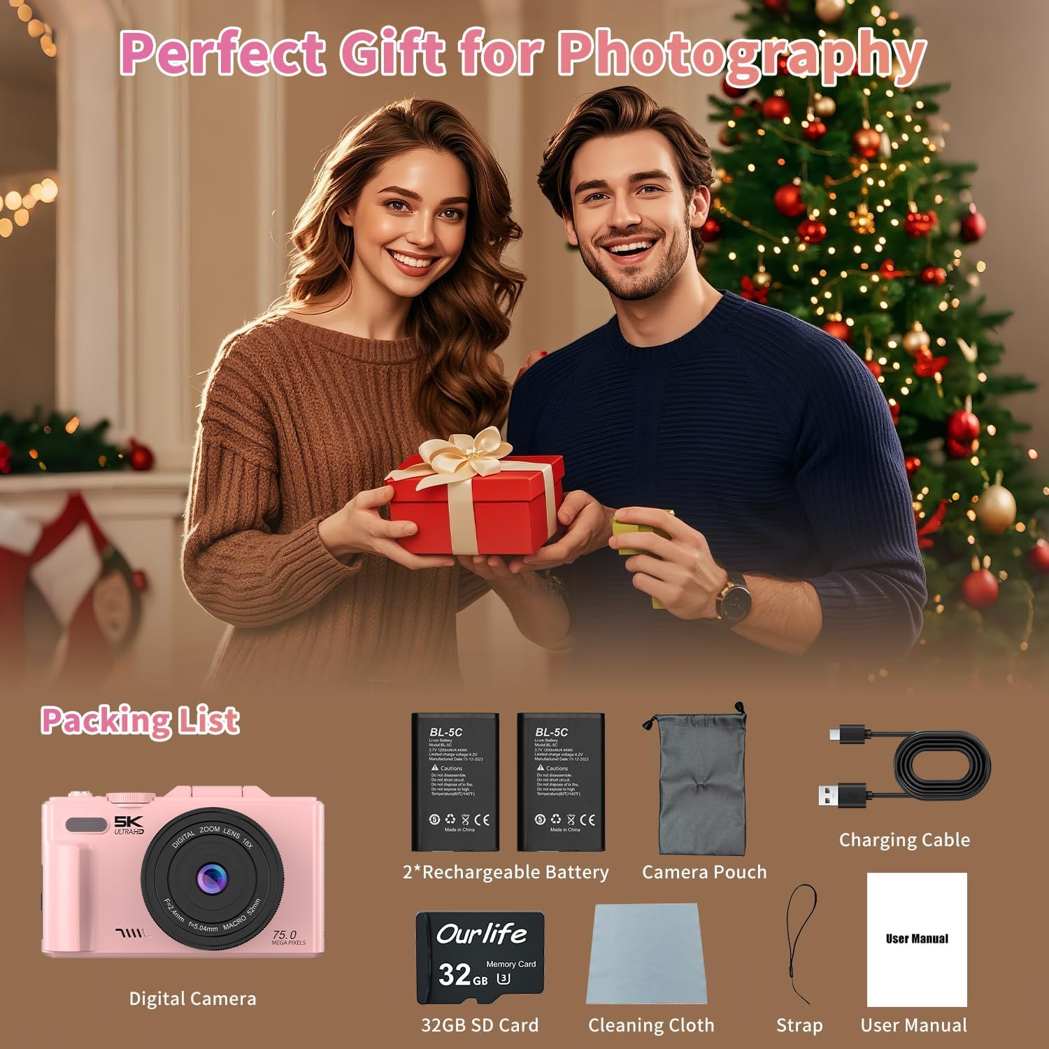 Ourlife 5K Digital Camera for Photography with Flip Screen,Pink Camera