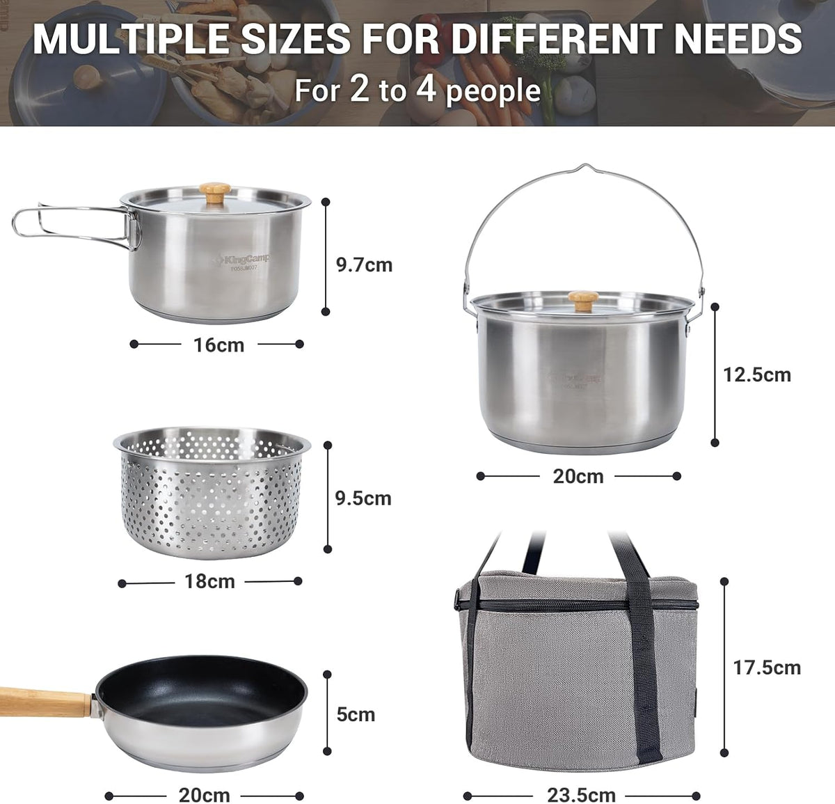 KingCamp Camping Cookware Set, 304 Stainless Steel Camping Pot for 4-6