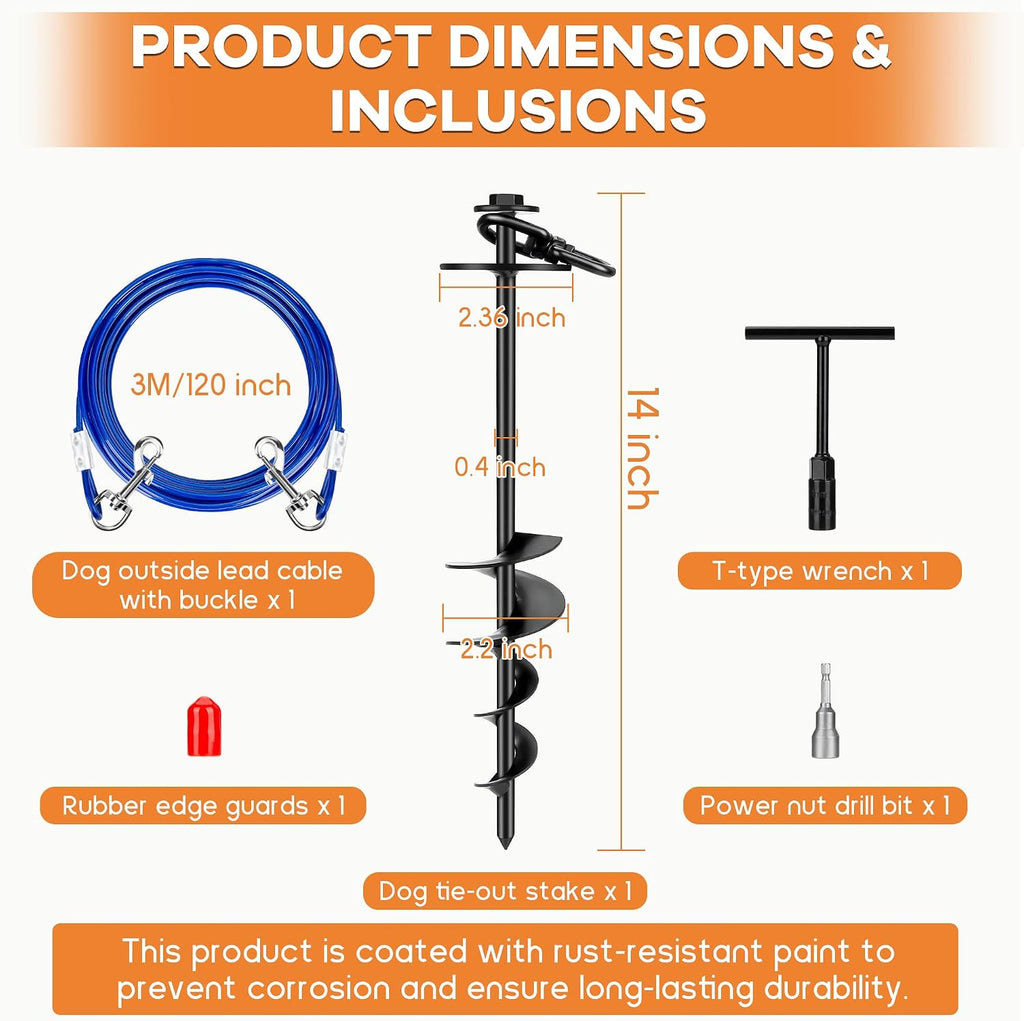 Dog Tie Out Stake, Heavy Duty 360°Swivel Dog Outside Lead Cable, Screw in Spike Auger Ground Stake Anchors with Power Nut Drill Bit, T Wrench and Leash, for Yard Camping Beach