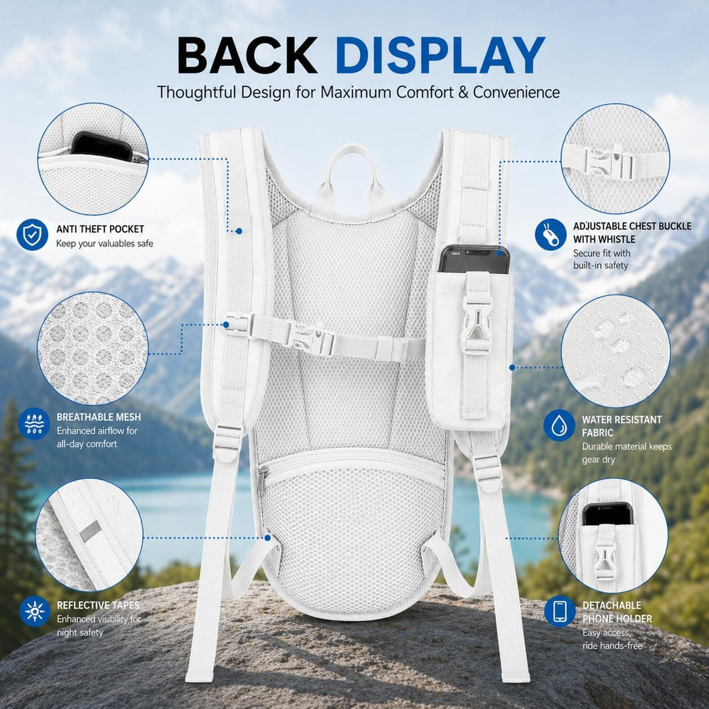 Lightweight Hydration Backpack 2L Water Bladder Pack for Running, Cycling, Hiking – Anti-Theft Water Backpack with Phone Holder, Trekking Pole Holder & Reflective Strips for Men & Women