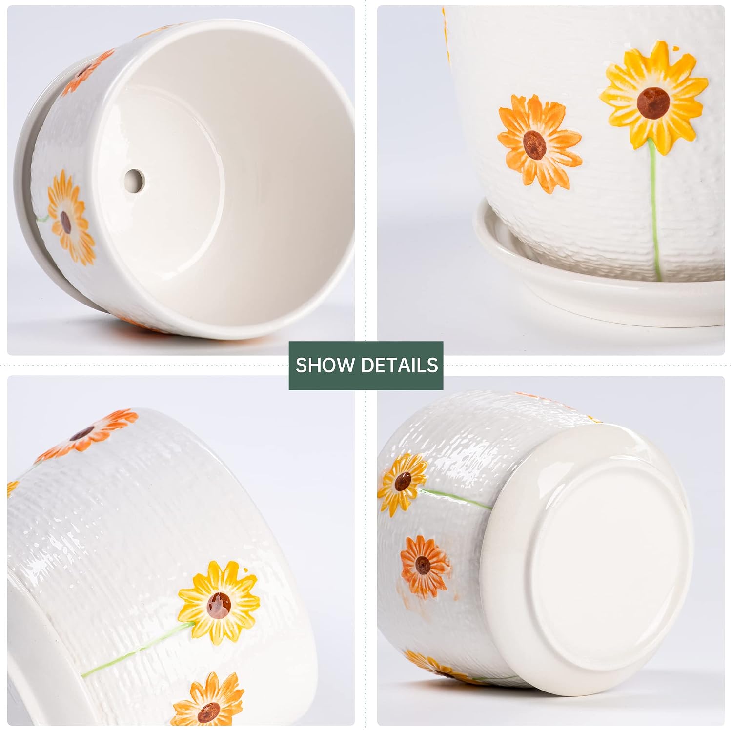 Ceramic Plant Pots,Sunflower Planters with Drainage Holes & Matching Saucer