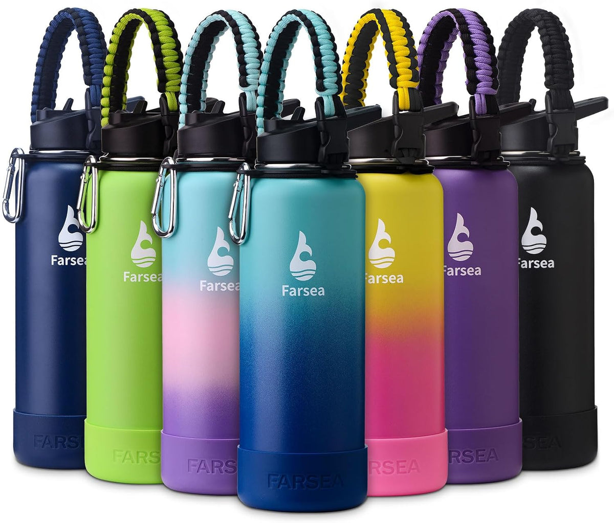 Farsea Insulated Water Bottle With Paracord Handle, Protective Silicone Boot and 2 Lids (Straw Lid & Spout Lid), Stainless Steel Water Bottle Wide Mouth, Double Wall Sweat-Proof BPA-Free, 18 oz