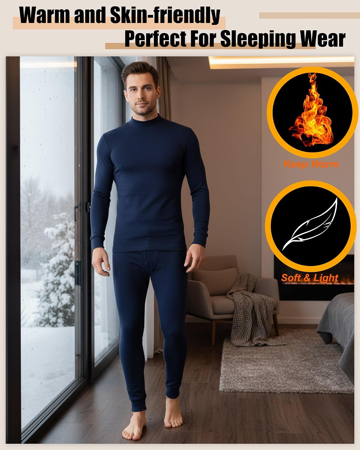 Jecery 4 Set Thermal Underwear for Men Cotton Thermals Turtleneck Underwear Warm Base Layer Top Bottom Set for Cold Weather