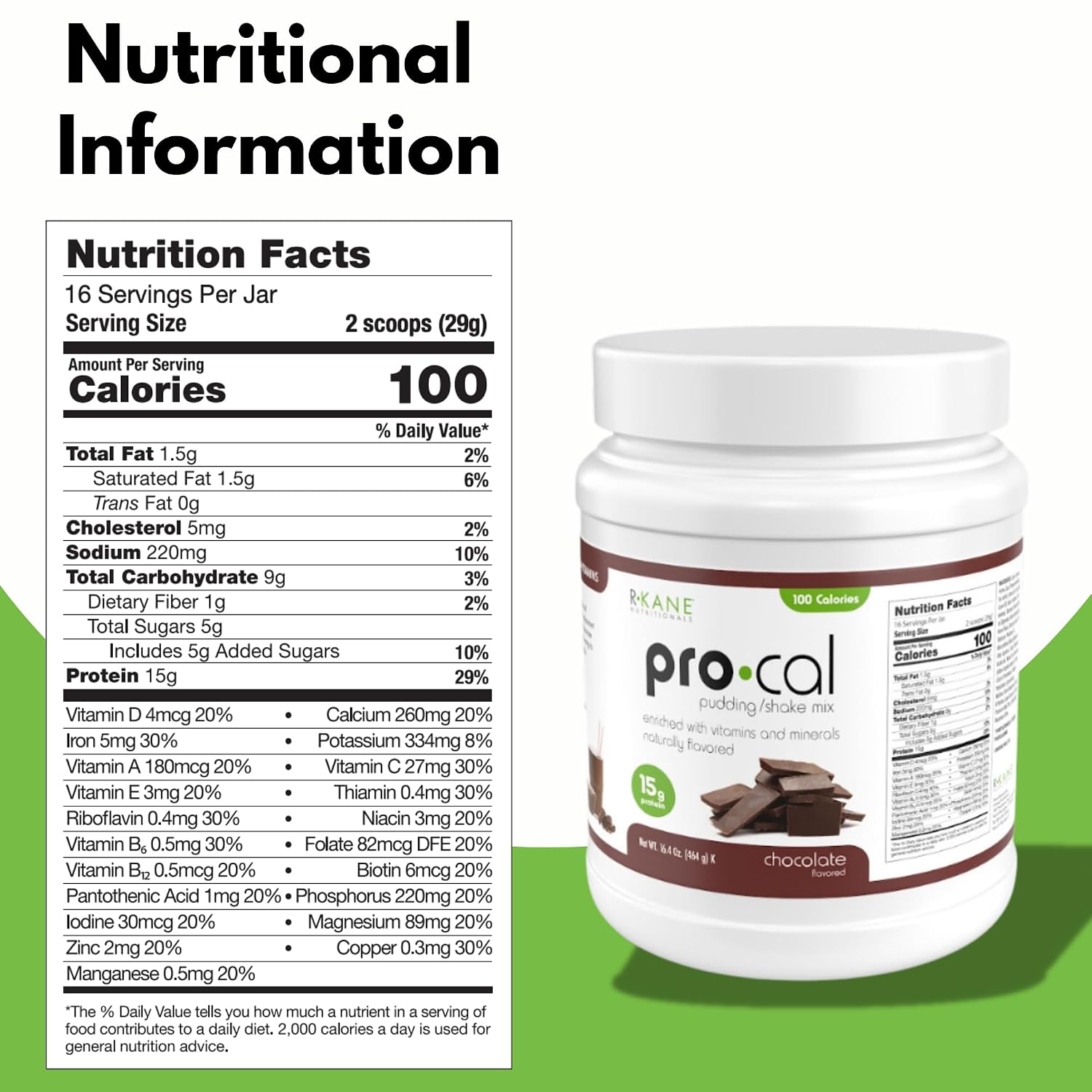 Pro-Cal Chocolate Meal Replacement Powder - High Protein, Low Calorie Shake & Pudding Mix - Low-Carb, Gluten Free - Breakfast Boost - Delicious & Easy to Prepare - 16 Servings, 16.4oz