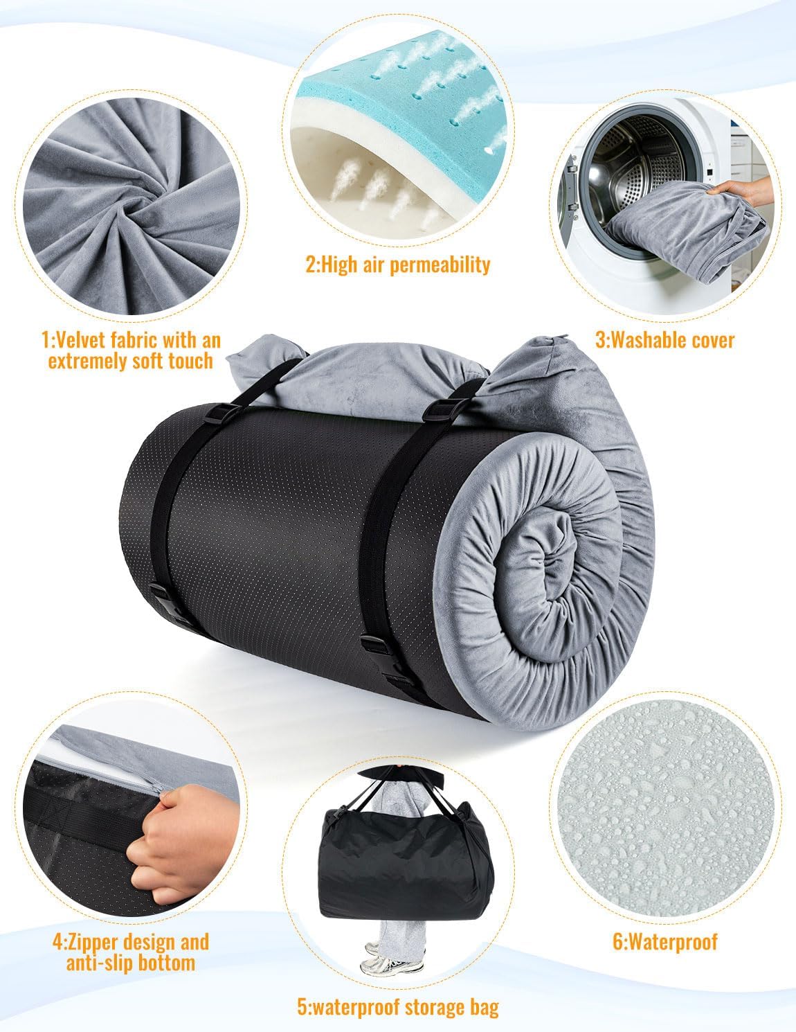 Memory Foam Camping Mattress, Ventilated Breathable Design CertiPUR-US & Oeko-TEX Certified Sleeping Pad Waterproof 3inch Non-Slip Portable Sleeping Camping Mat with Storage Bag for Car Travel