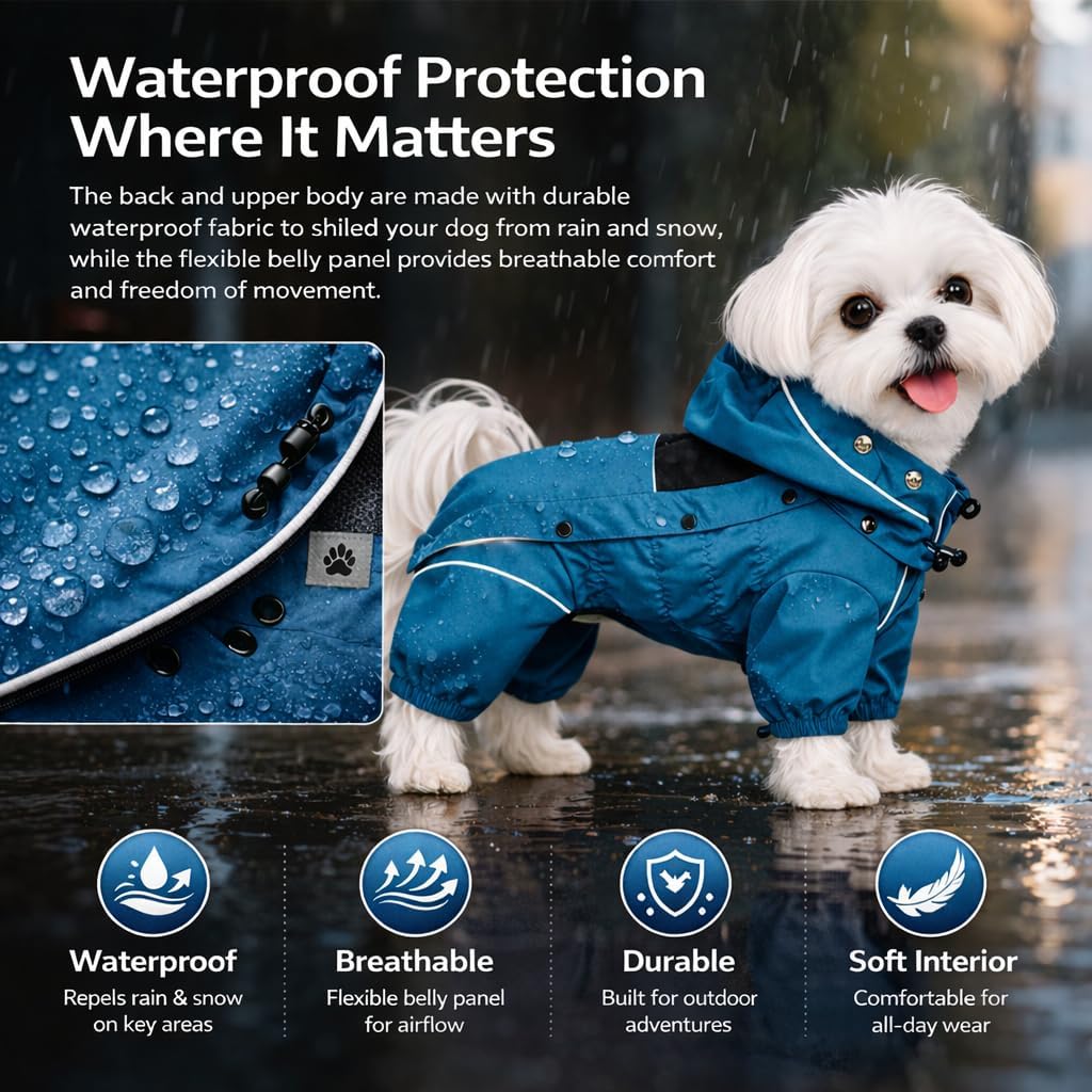 LOVELONGLONG Waterproof Dog Raincoat with Removable Hood – Outdoor Full Body Dog Jacket, Windproof Snowproof Shell Suit – All Season Pet Rain Gear Ocean Teal 3XL
