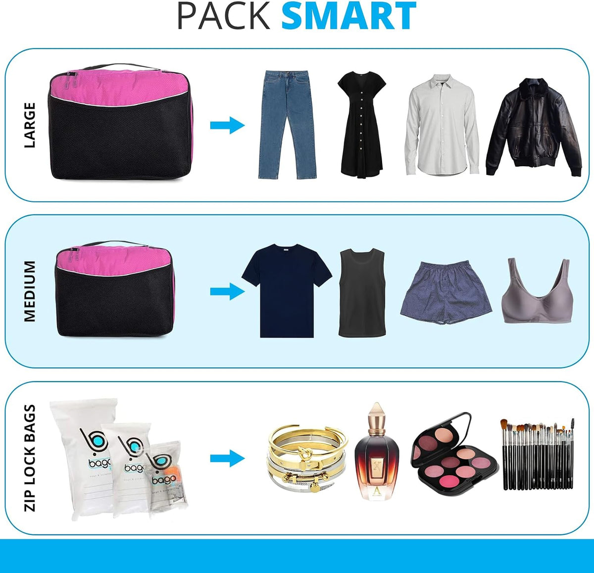 bago 7 Pcs Packing Cubes for Travel - 4 Travel Packing Cubes for Suitcases with 3 ZipLock Bags - Luggage Organizer Bags to Get Maximum Storage, Save Time & Effort to Pack (Black Pink)