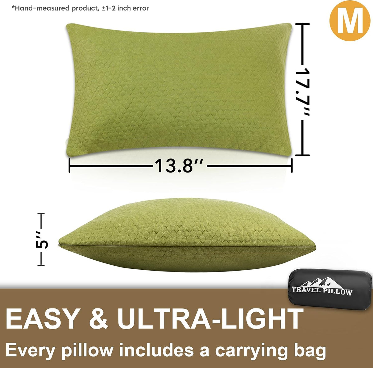 Travel Pillow Compressible Camping Memory Foam Pillow - Avocado Green M Size, Dark Grey M Size, Ideal Backpacking, Airplane and Car