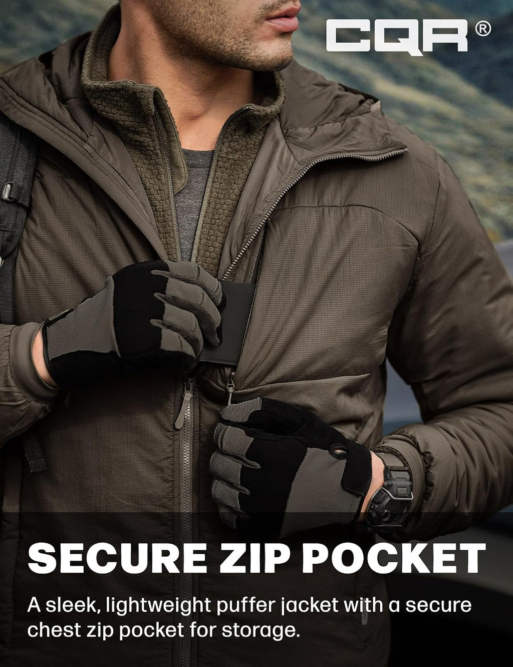 CQR Men's Lightweight Warm Insulated Jacket, Windproof Water Resistant Winter Active Coat for Hiking Work Outdoor Tactical