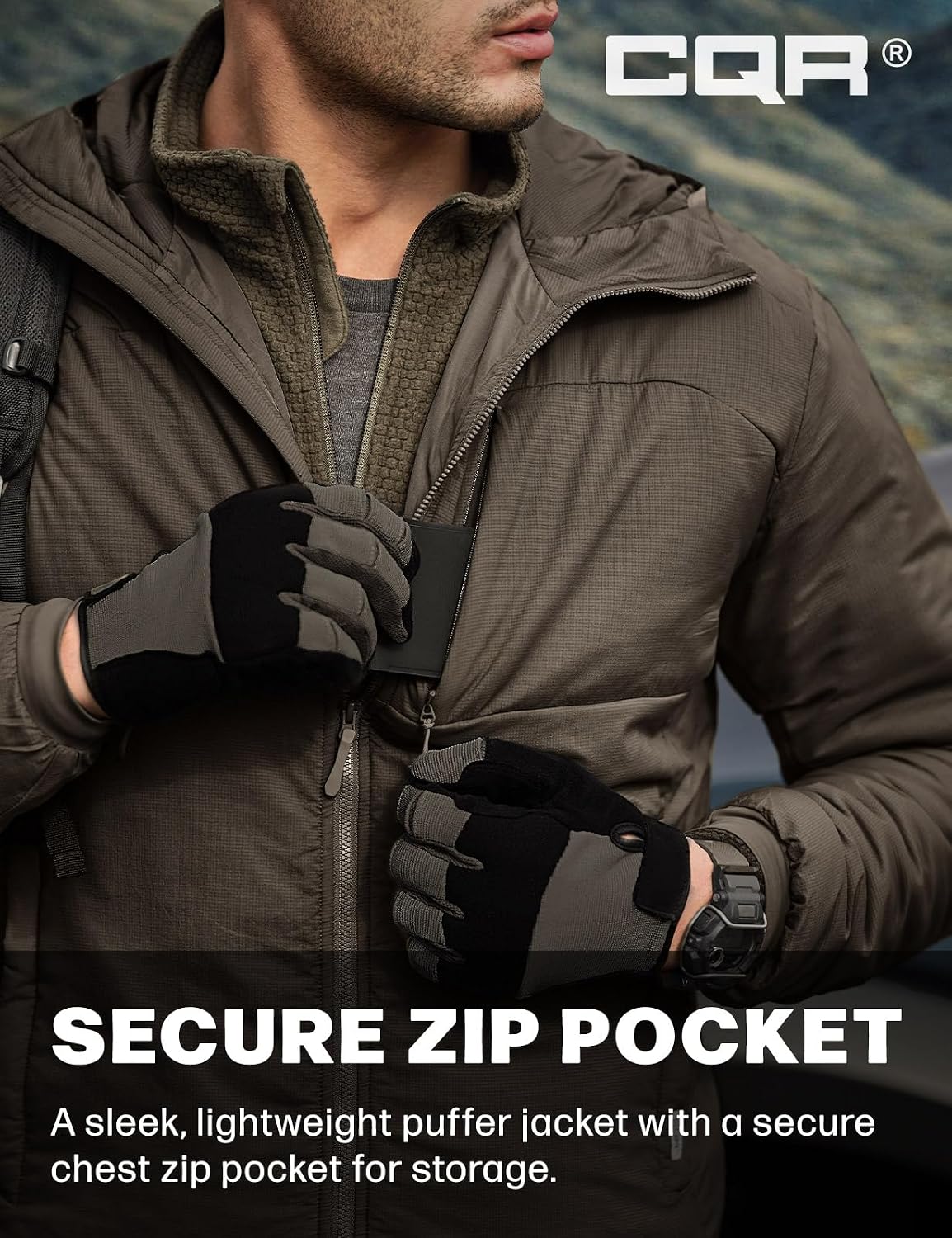 CQR Men's Lightweight Warm Insulated Jacket, Windproof Water Resistant Winter Active Coat for Hiking Work Outdoor Tactical