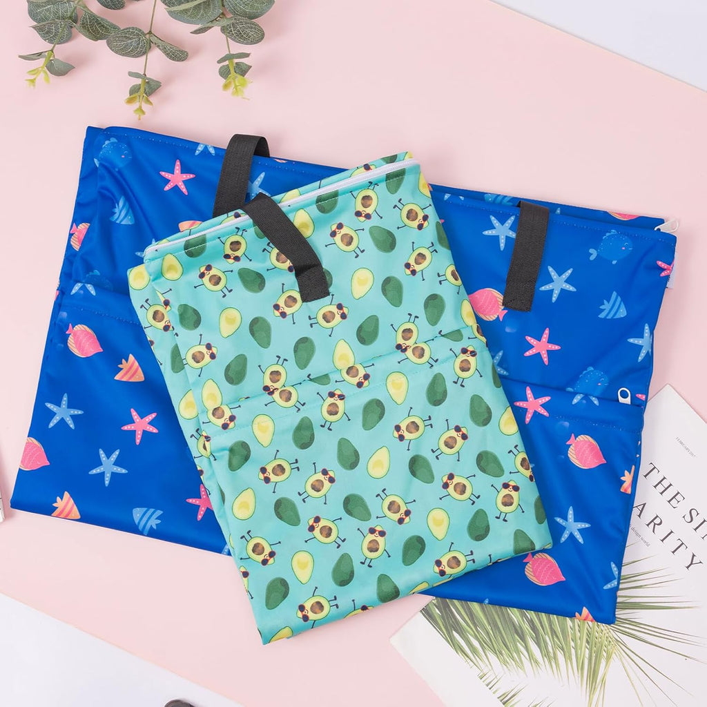 ALVA ALVABABY 2 Pack Large Wet Dry Bag Waterproof Hanging Cloth Diaper with Double Zippered Pockets 25x18 inches (Avocados and starfish)