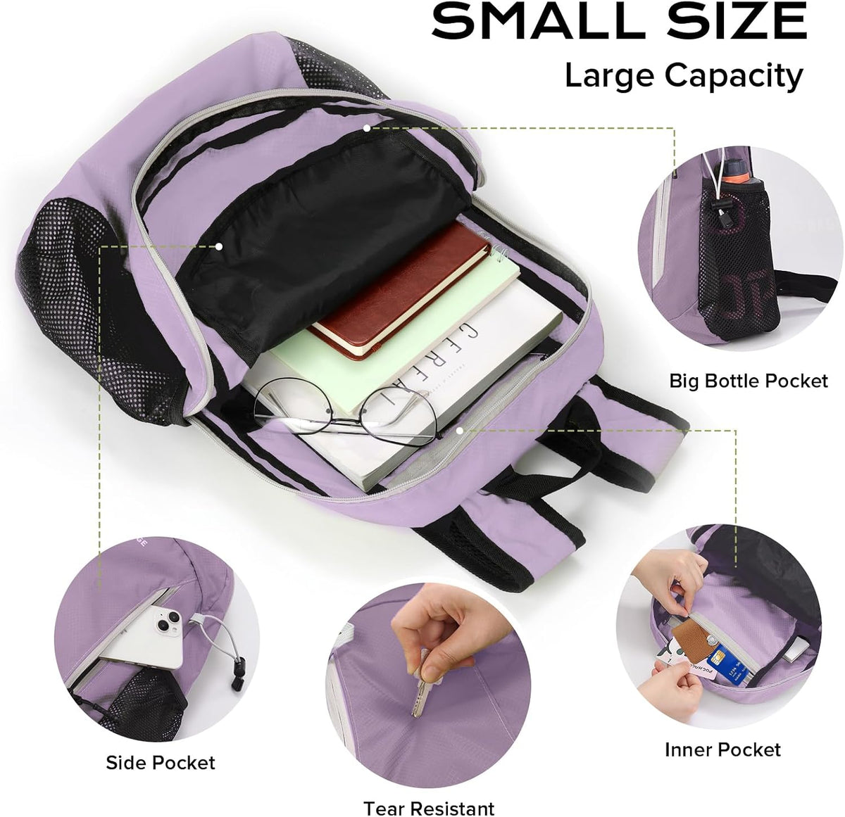 VPBAGE 15L Water-resistant Hiking Daypack for Women, Small Backpack Travel Outdoor, Lightweight Day Pack with Tool Loops