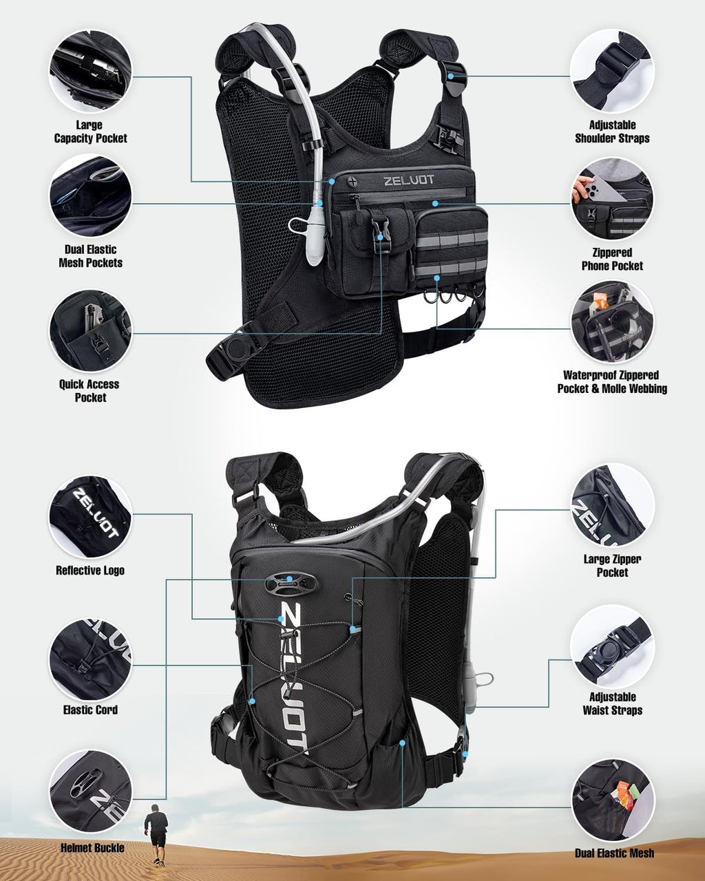 Zelvot Running Vest with 2L Water Bladder, 12L Water Backpack for Men Women