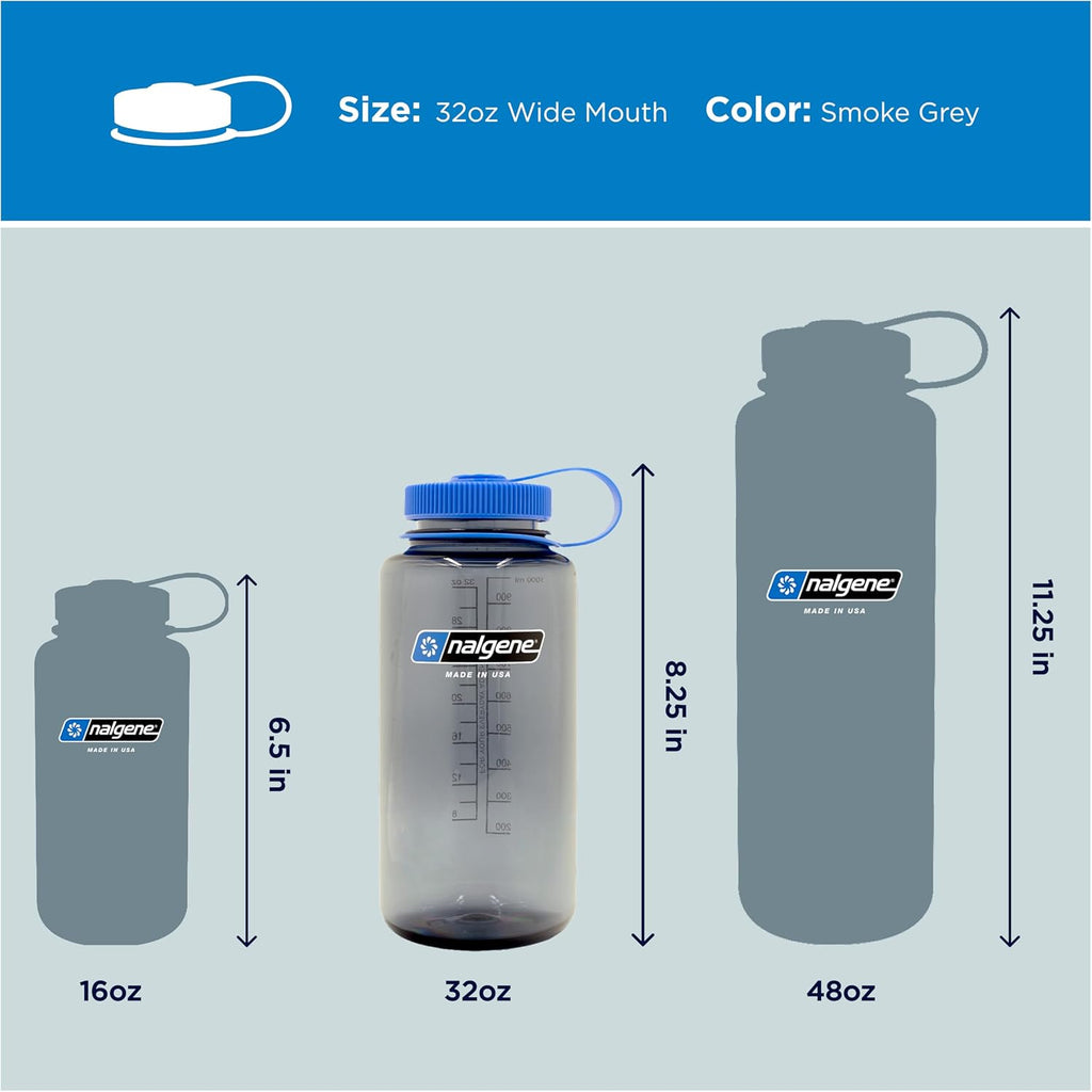 Nalgene Sustain Tritan BPA-Free Water Bottle Made with Material Derived from 50% Plastic Waste, 32 OZ, Wide Mouth,Smoke Grey