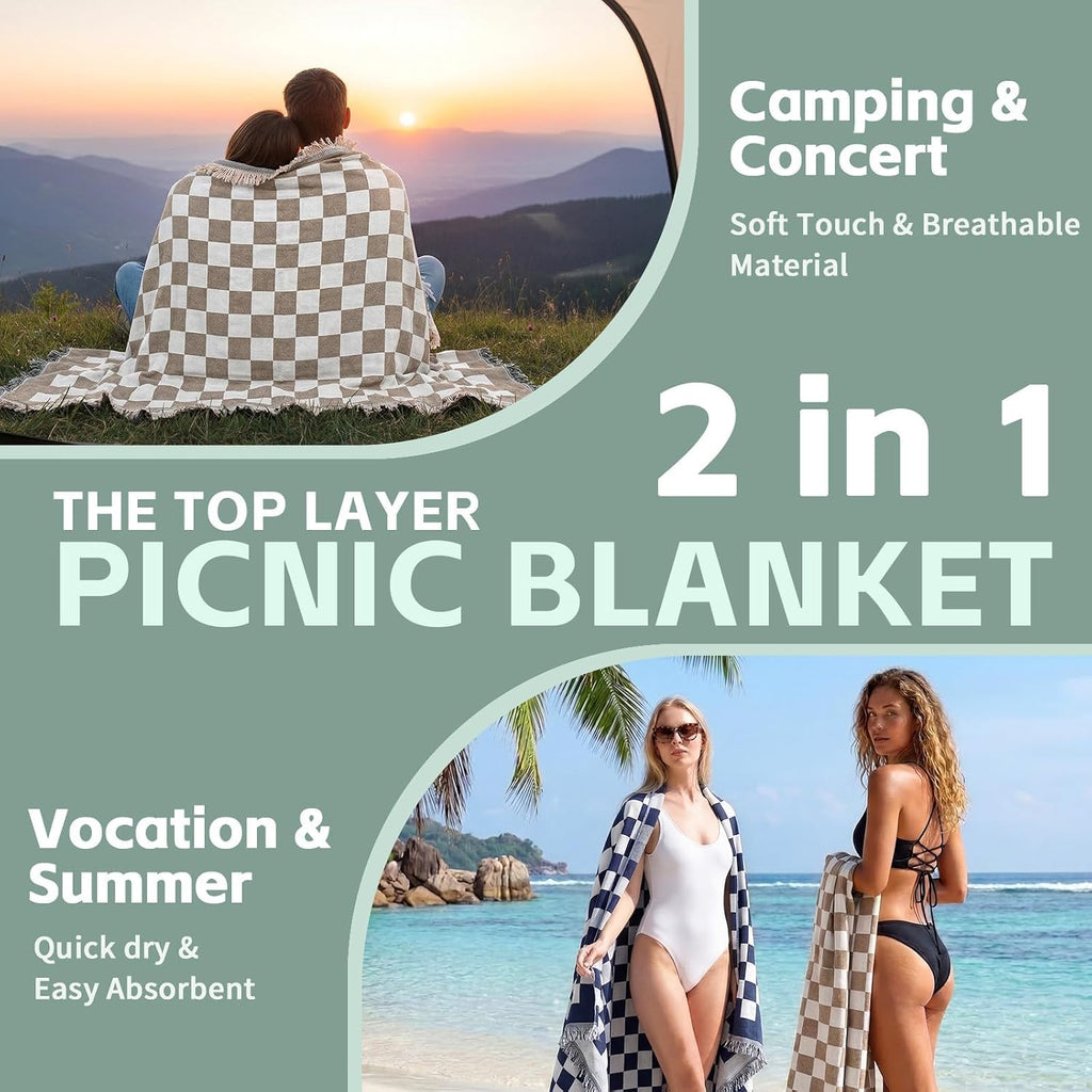 RYCHIC 2 in 1 Extra Large Boho Beach Blanket Towel Sand Free Outdoor Rug Picnic Mat Giant Oversized XL Big Jumbo Turkish Woven Throw Summer Vacation Essential Travel Must Have Accessories Women Gift