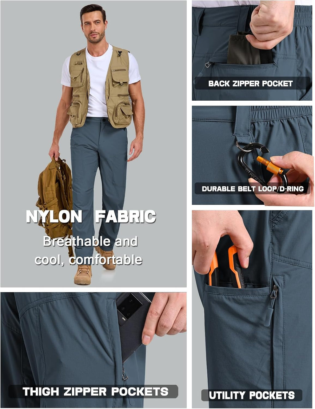 SPOSULEI Mens Lightweight Cargo Hiking Outdoor Quick Dry Work Tactical Pants 6 Pockets Water Resistant Fishing Travel Pants