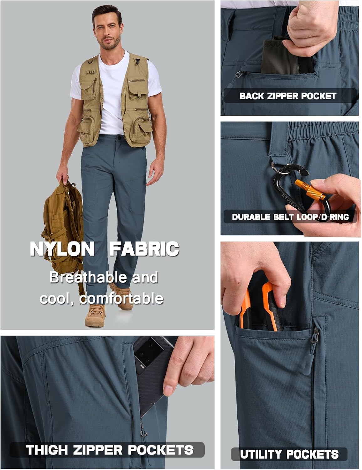 SPOSULEI Mens Lightweight Cargo Hiking Outdoor Quick Dry Work Tactical Pants 6 Pockets Water Resistant Fishing Travel Pants