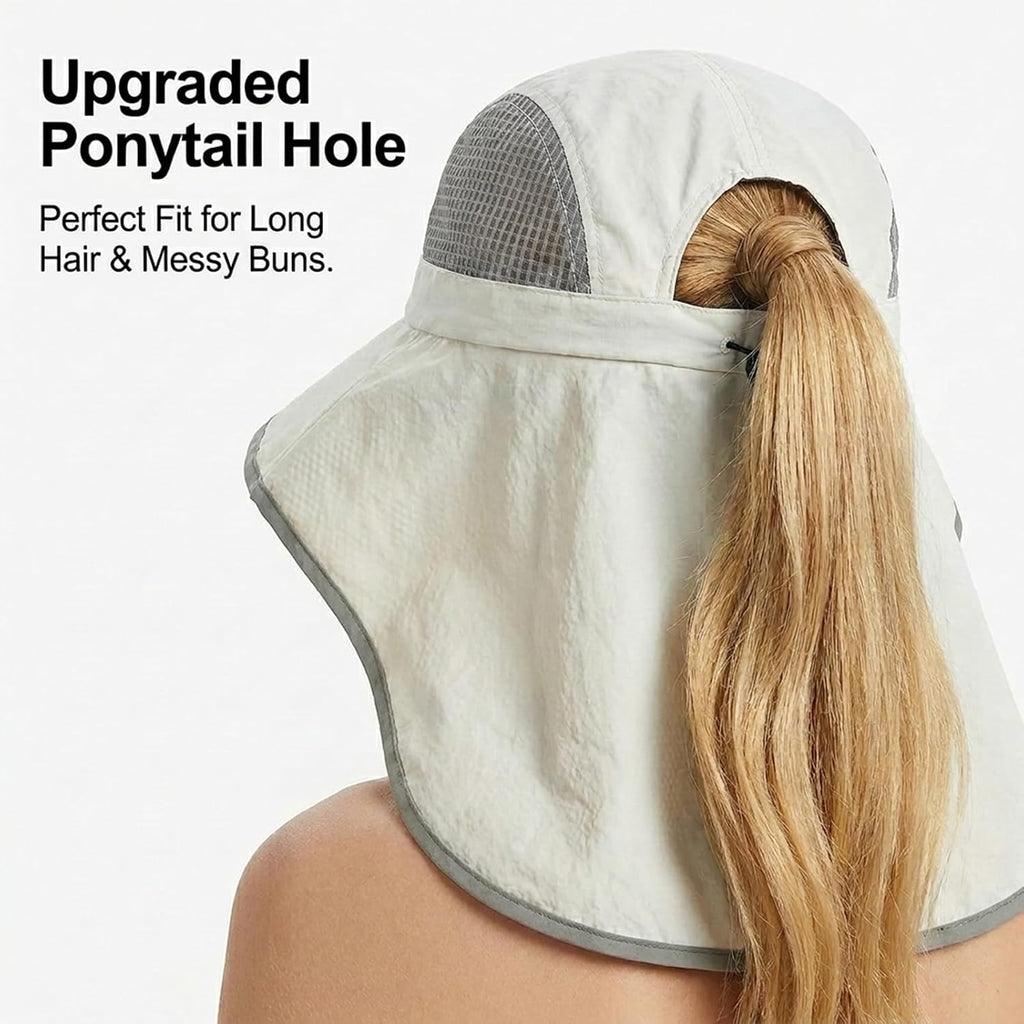 UV Sun Protection Hat Women Foldable Neck Flap Wide Brim Fishing Hat with Ponytail Hole for Women