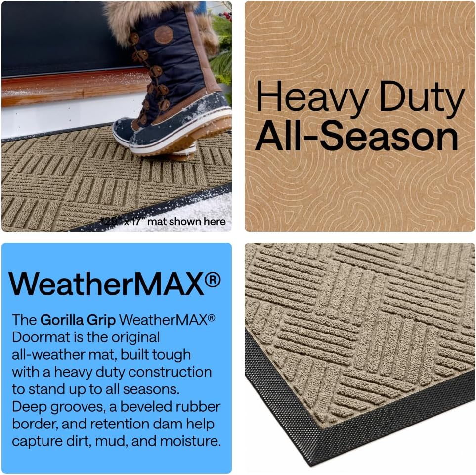 GORILLA GRIP WeatherMAX Door Mat, Indoor Outdoor Use, 29x17, Beige Diamond