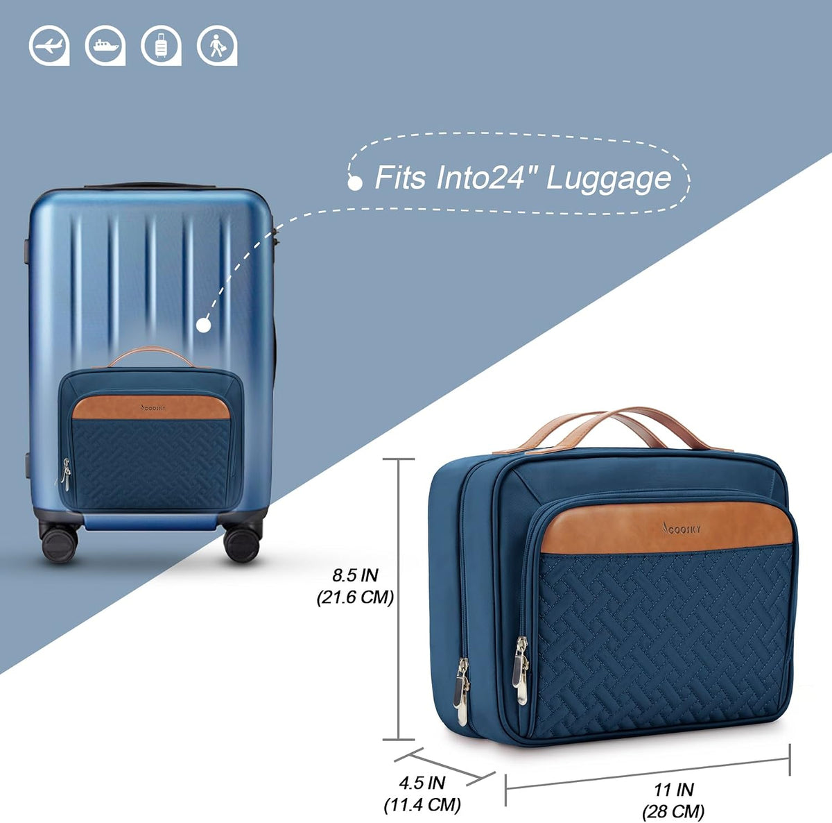 Travel Hanging Toiletry Bag for Women, with Jewelry Organizer Compartment, Medium Waterproof Hanging Makeup Accessories, Cosmetic Essentials, Toiletries Dopp Kit Set with Trolley Belt, Navy Blue
